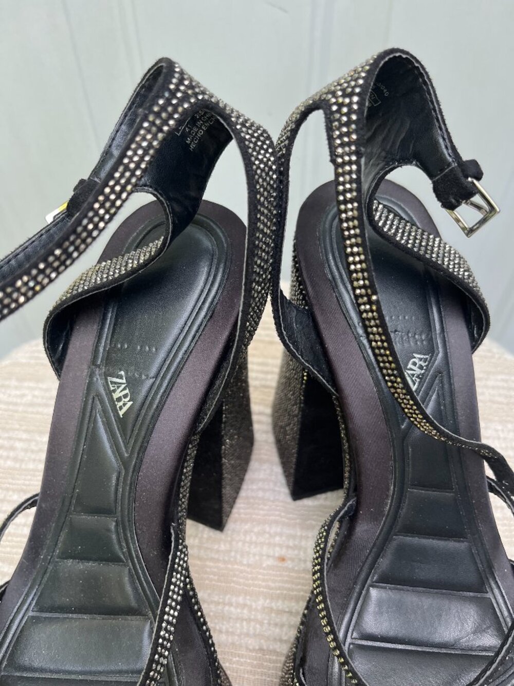 Zara Rhinestone Chunky High Heeled Platform Sandals Black & Silver Sz 41 10/10.5 - Picture 7 of 7